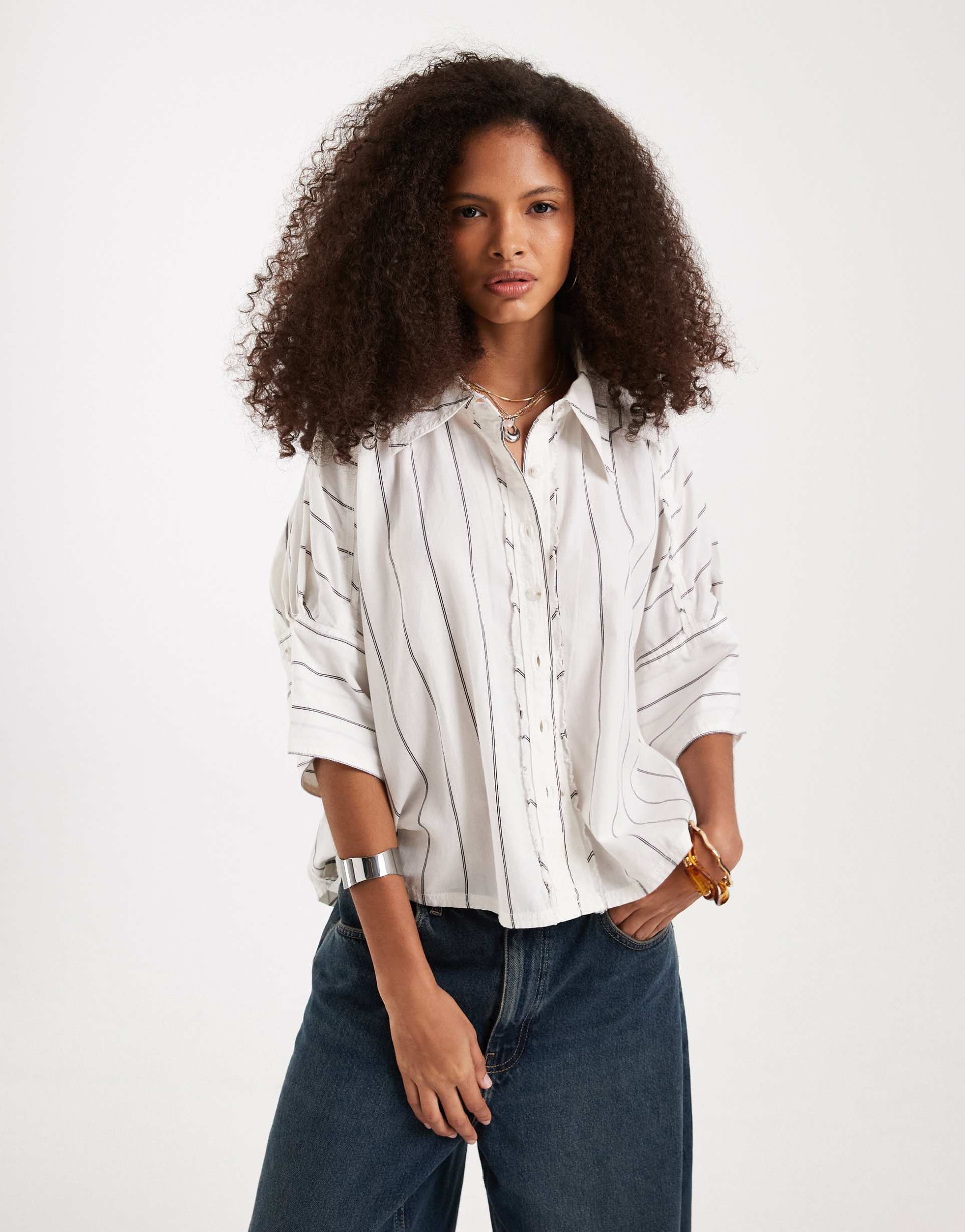free people seaside cotton striped shirt in ivory combo