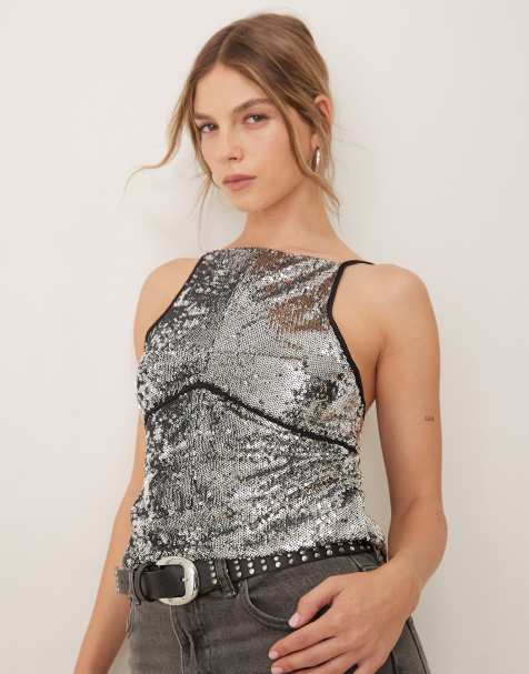 Free People sequin backless cami top in silver - view 1