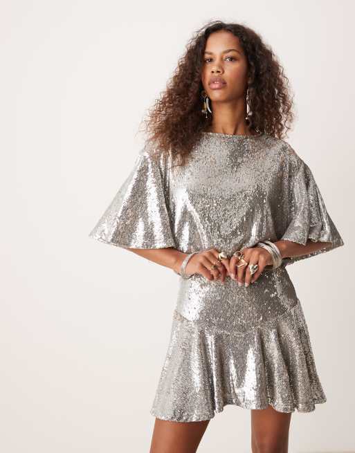 Free People sequin floaty mini dress in silver