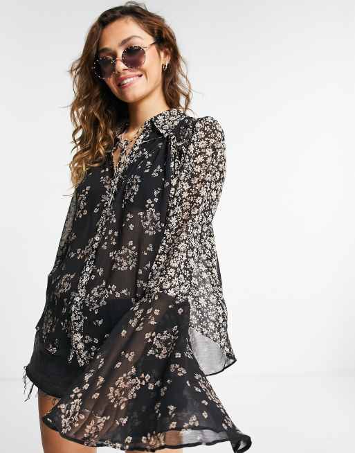 Free People - Serena - Sort bluse med flerfarvet print