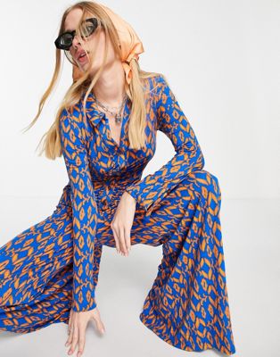 Free People shayla geo print jersey jumpsuit in electric blue