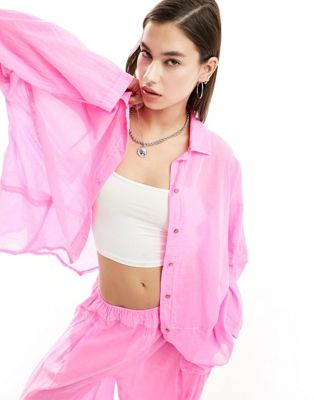Free People sheer gauzey oversized shirt co-ord in bright pink
