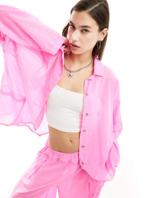 Free People Free People sheer gauzey oversized shirt co-ord in bright pink