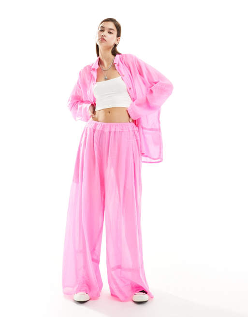 Free People sheer gauzy oversized pants in bright pink (part of a set)