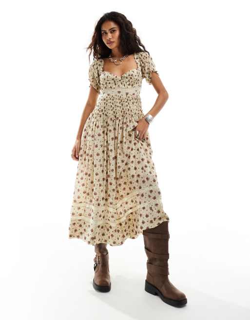 Free People shirred chintzy floral midaxi dress in neutral