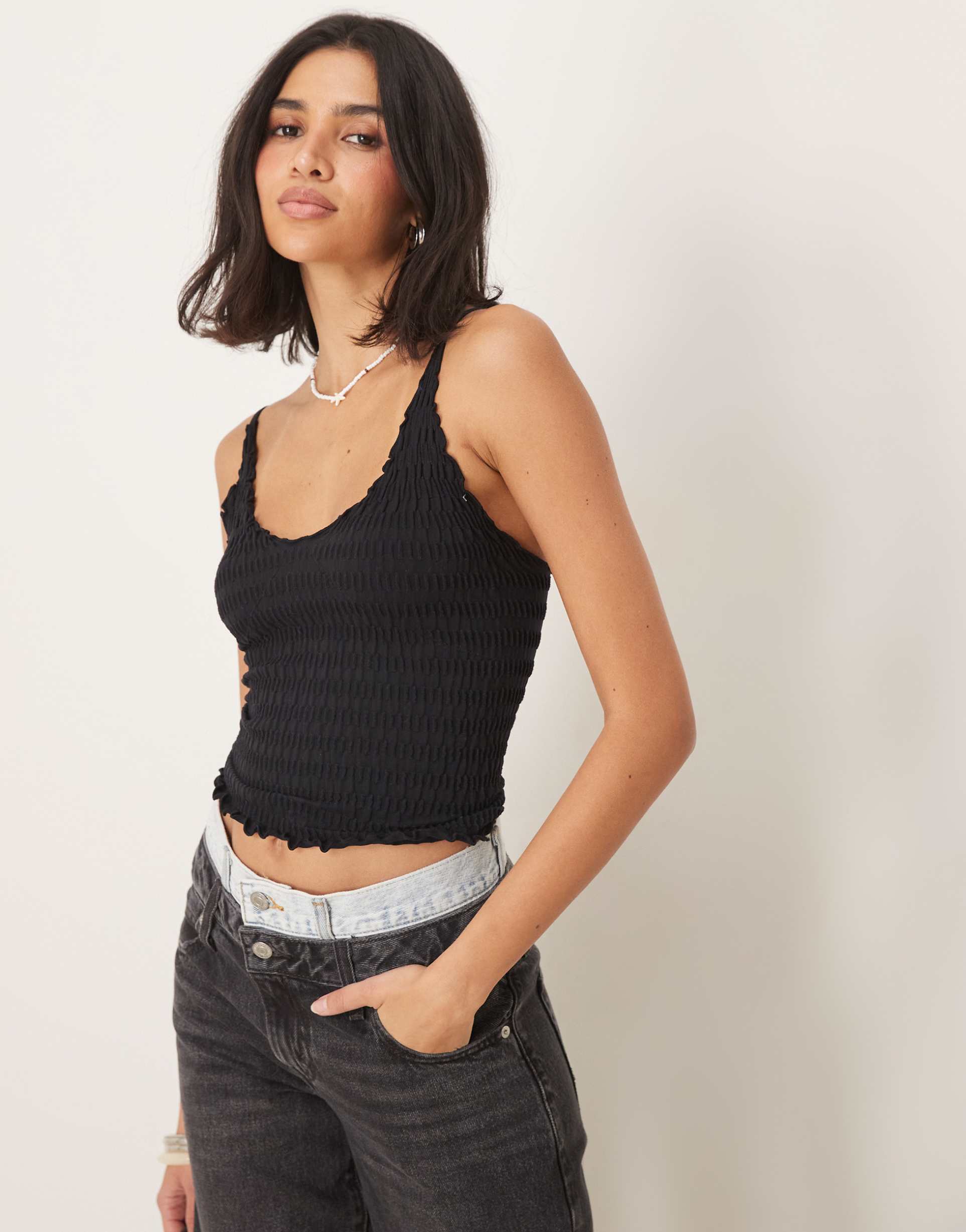 free people shirred seamless tank top in black