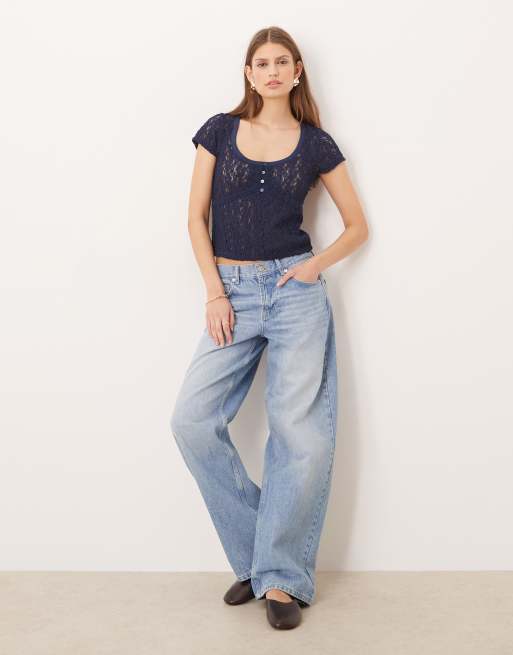 Free People short sleeve lace top in navy, 2 of 4