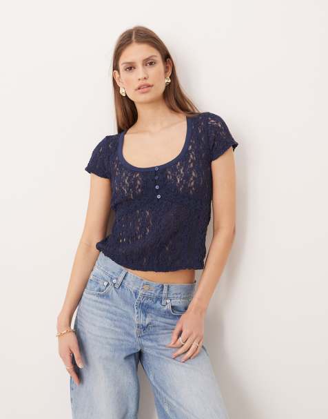 ASOS Free People short sleeve lace top in navy