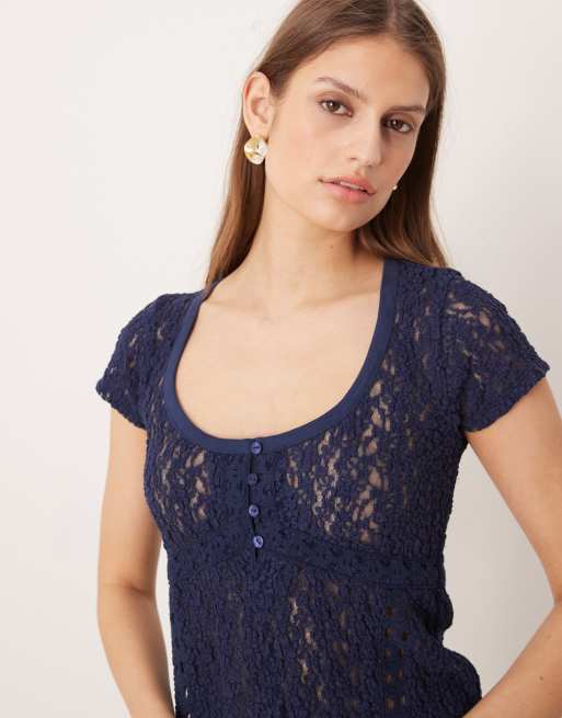 Free People short sleeve lace top in navy, 3 of 4