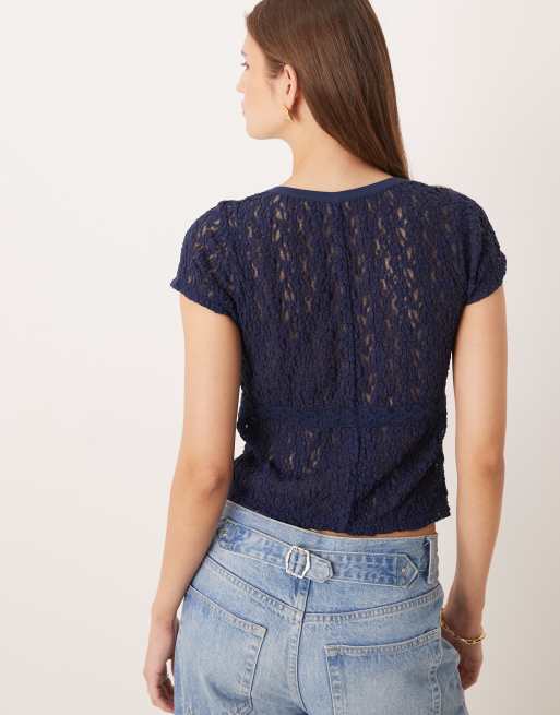 Free People short sleeve lace top in navy, 4 of 4