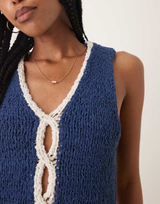 Free People sicily sleeveless knitted tank top in denim blue, 3 of 4