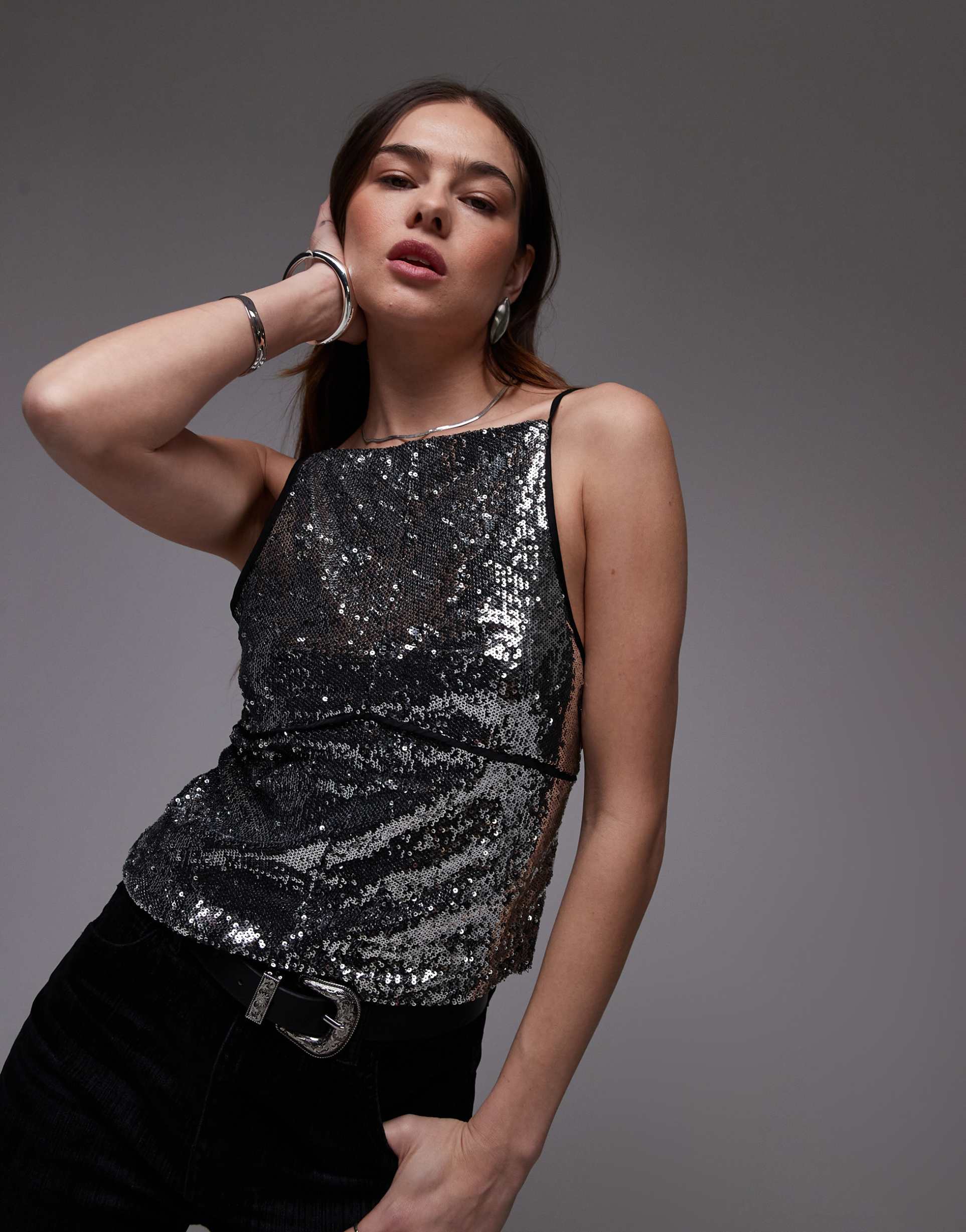 free people silver sequin backless cami top in silver