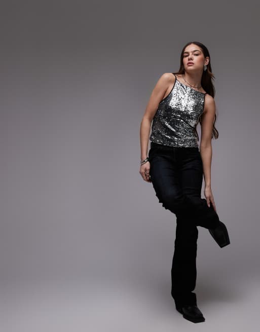 Free People silver sequin backless cami top in silver | ASOS