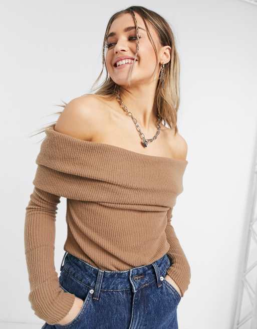 Free People Snowbunny off shoulder jersey top in brown ASOS