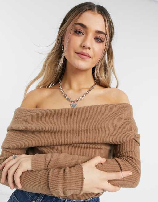 Free People Snowbunny off shoulder jersey top in brown ASOS