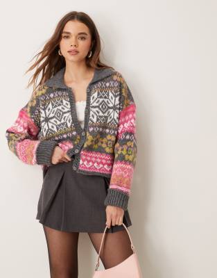 Free People Snowdrift fair isle cardigan in grey and pink