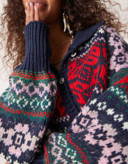 Free People Snowdrift fair isle cardigan in navy and red