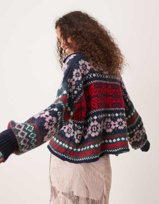 Free People Snowdrift fair isle cardigan in navy and red