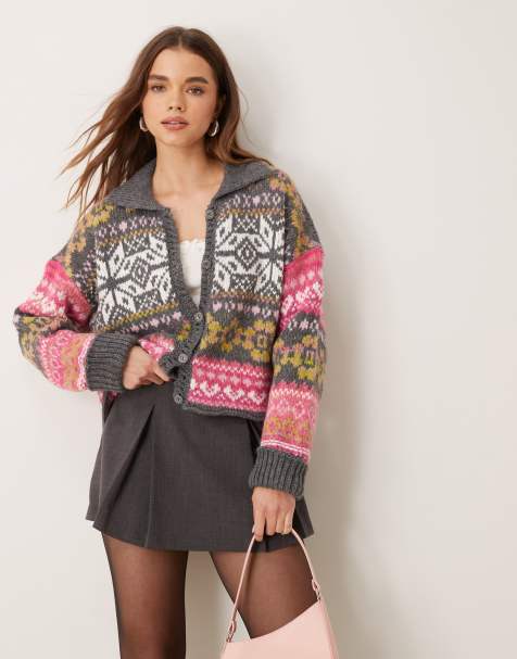 Free People snowdrift fairisle cardigan in grey and pink - view 1