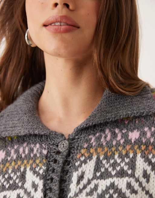 Free People snowdrift fairisle cardigan in grey and pink ASOS