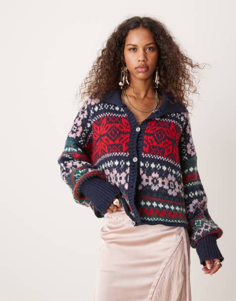 Free People snowdrift fairisle cardigan in navy and red - view 1