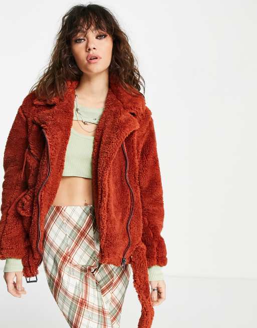 Free People So Cozy moto jacket in cinnamon | ASOS