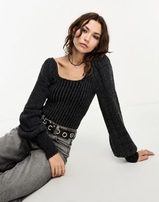 Free People soft puff sleeve square neck jumper in charcoal grey-Black