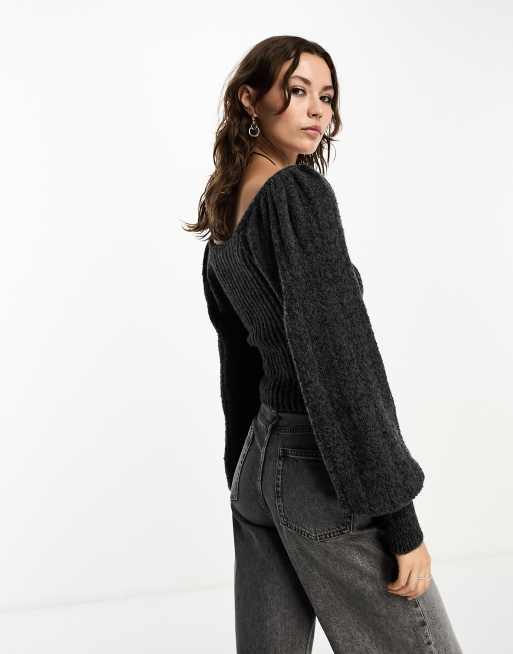 Free People soft puff sleeve square neck jumper in charcoal grey, 2 of 4