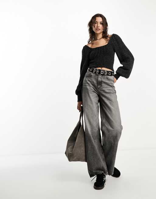 Free People soft puff sleeve square neck jumper in charcoal grey, 3 of 4