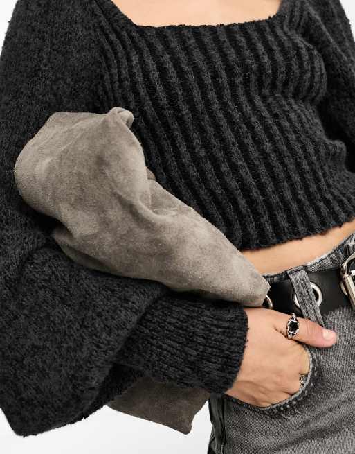 Free People soft puff sleeve square neck jumper in charcoal grey, 4 of 4
