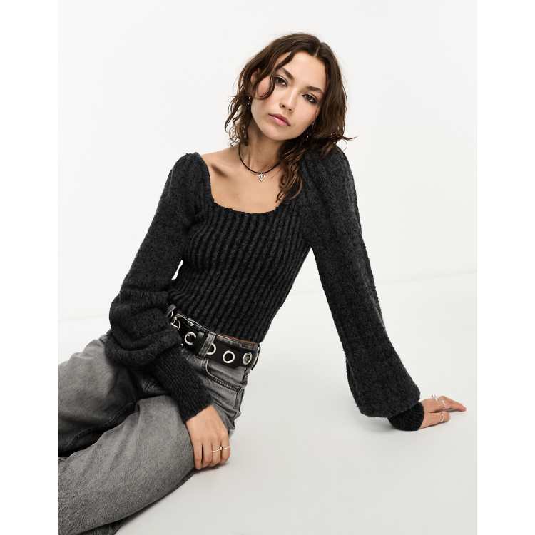 Free People soft puff sleeve square neck sweater in charcoal gray