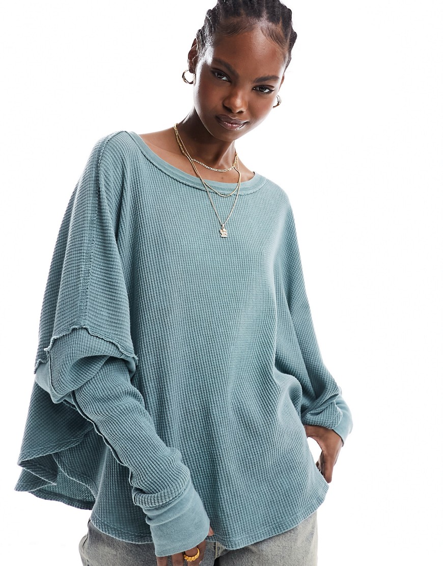 Free People Soft Scoop Neck Long Sleeve Slouchy Top In Washed Green
