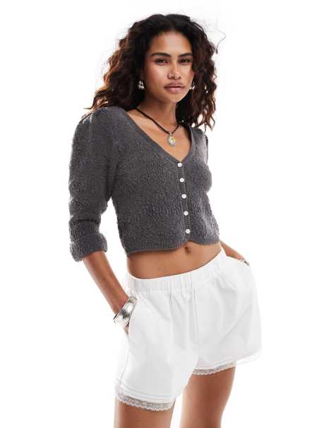 Free People soft textured cropped cardigan in charcoal - view 1