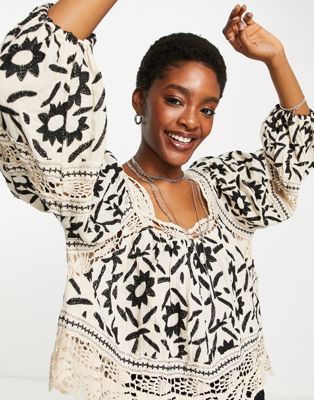 Free People Soleil embroidered smock top in ivory - ASOS Price Checker