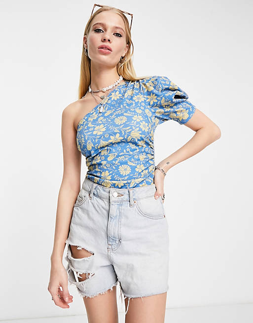Free People Somethin Bout You printed one shoulder bodysuit in light blue