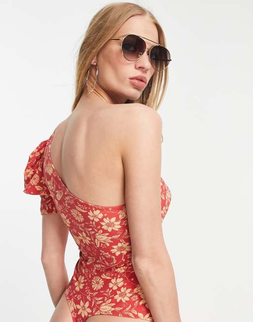 Free People Somethin Bout You printed one shoulder top in red, 4 of 4