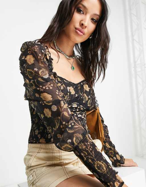 Free People - Sort bodystocking med blomstermønster