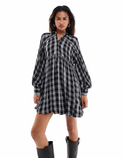 Free People - Sort løstsiddende skjorte-minikjole med ternet print