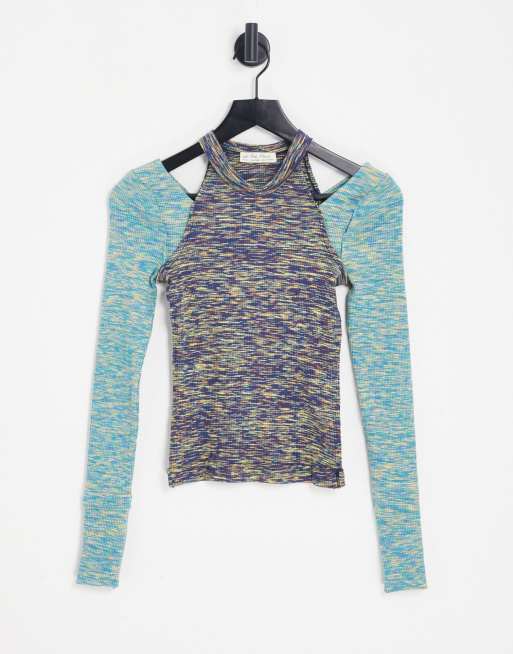 Free People space dye long sleeve cut out t shirt in blue