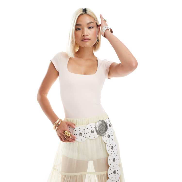 Free People square neck bodysuit in pale pink ASOS