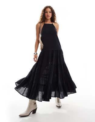 square neck tiered midaxi dress in black