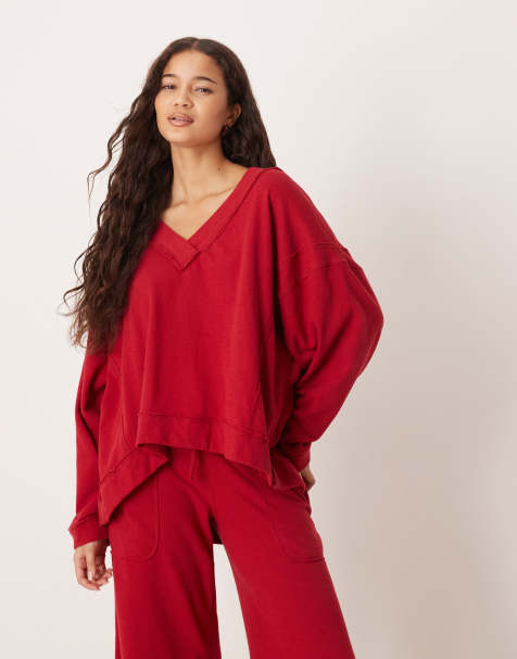 Free People Staycation v-neck lounge sweater in deep cherry (part of a set) - view 1