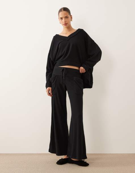 Free People staycation wide leg lounge trouser co-ord in black