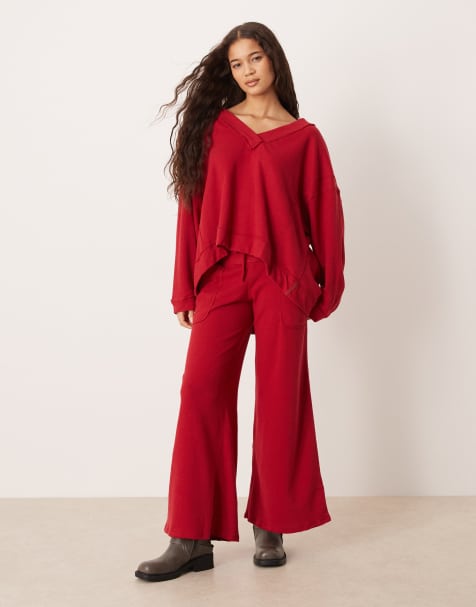 Free People staycation wide leg lounge trouser co-ord in deep cherry - view 1