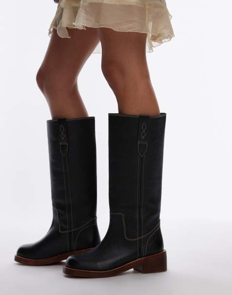 Free People stitch detail pull-on flat boots in black - view 1