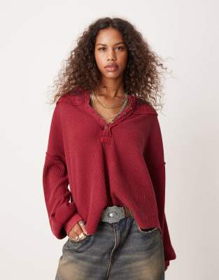 stitch detail relaxed waffle knit henley sweatshirt in red