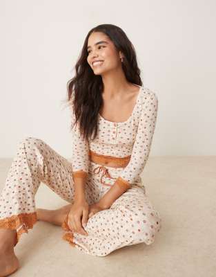 Free People stolen dance ditsy print sleep set in cream-White