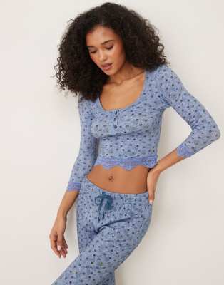 Free People - Stolen Dance - Schlafset in Blau mit Blümchenprint