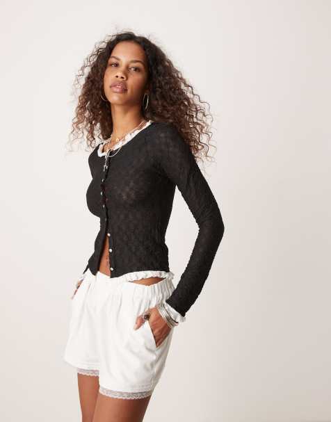 Free People – Strickjacke in Schwarz mit Rüschenrand - view 1