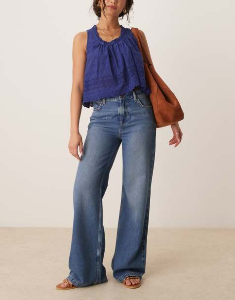 Free People stride straight leg wide jeans in mid wash blue - view 1